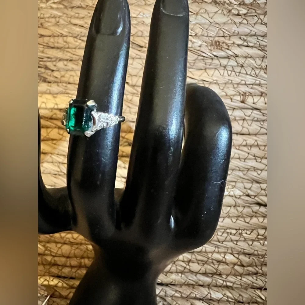 Vintage sterling silver emerald glass ring. Sterling MH inscribed inside ring